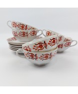 Japanese 1950s Porcelain Teacup and Saucer Set with a Floral Red &amp; Black... - $72.58