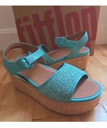 FitFlop Eloise Cork Platform Sandals Tahitian Blue Woven Wedge Sz 8 New - $919.95 MXN