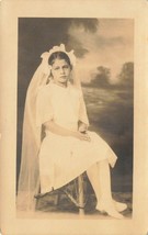 Unhappy Young Catholic Girl In First Communion Dress~Real Photo Postcard - £7.17 GBP