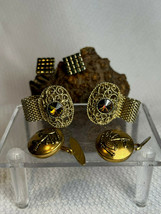 Vtg Gold Tone Three Pair Of Cufflinks Jewelry Squares Bagpipes Oval Amber Stone - £31.59 GBP