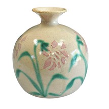 Studio Art Pottery Round Bud Vase Ceramic Raised Relief Pink Petals 4.5 Inch VTG - £9.14 GBP