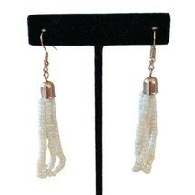 Beaded Tassel Dangle Earrings Drop Beach Pierced Gold Tone Coastal Grandma White - £14.21 GBP