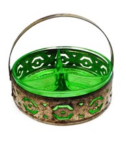 Depression Green Glass 3 Divided Candy Nut Relish Dish Metal Holder Vintage - $33.66