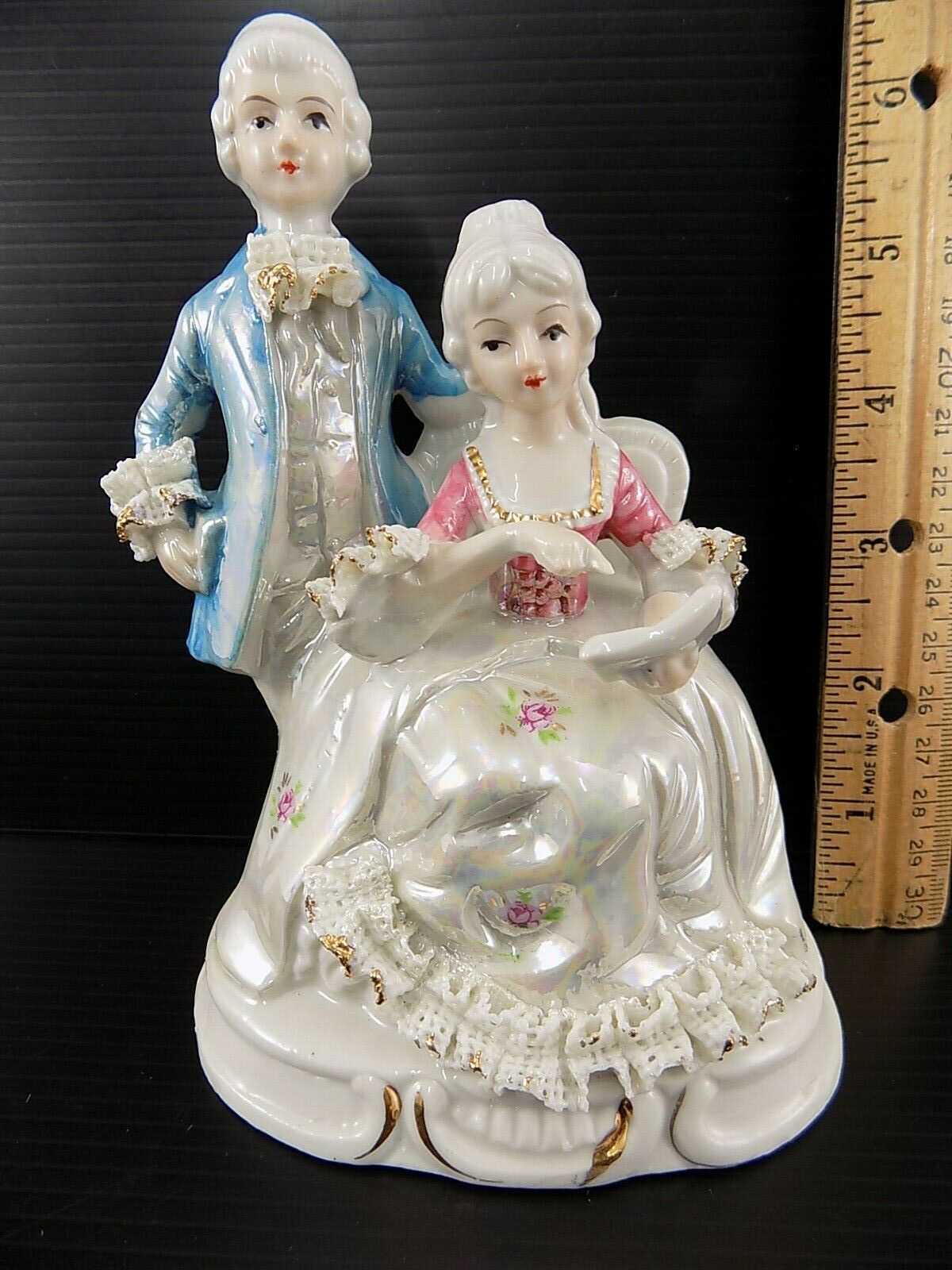 Vintage PORCELAIN FIGURINE FRENCH GENTLEMAN &amp; WOMAN Beautiful Lace Trim - $5.53
