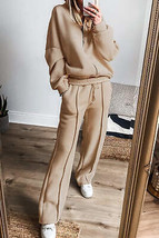 Apricot Solid Seamed Zipper Jacket and Drawstring Waist Pants Set - £52.41 GBP