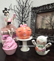 Ghoulish Halloween Mini Cupcake Ghost Pumpkin Resin Figurines Tier Tray 3pc - $39.99