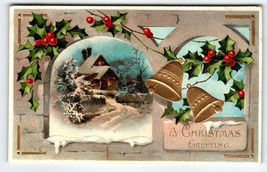 Christmas Postcard Gold Bells Cottage Holly Embossed Vintage Greetings 1909 - £6.98 GBP