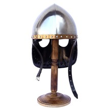 Brass Trim Italo-Norman Medieval Helmet W/ Leather Liner & Wooden Display Stand image 4