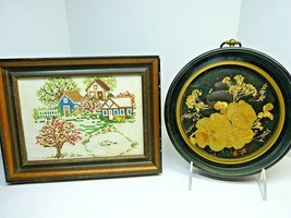 Handmade needlepoint framed 6x9 and dried flower picture (oval) vintage - £15.48 GBP