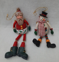 2 Russ Berrie Co Christmas Ornaments Jointed Arms Legs Folk Art Santa &amp; Snowman - £11.57 GBP