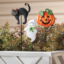Set of 3 Halloween Planter Stakes Metal Pumpkin Jack-o-Lantern Black Cat... - $19.30
