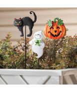Set of 3 Halloween Planter Stakes Metal Pumpkin Jack-o-Lantern Black Cat... - €16,52 EUR
