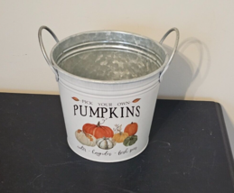 Galvanized Metal Bucket With Handles Pumpkins Harvest Fall Thanksgiving ... - $14.85