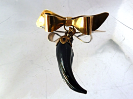 Victorian Gold Filled Bow Brooch  Black Glass, Onyx Horn Mourning Pin - $34.00