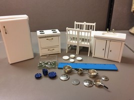Dollhouse Miniatures Complete Kitchen Set Fridge Table Silverware Plates Sink - £46.70 GBP