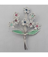 Vtg Flower Bouquet Brooch Pin Silver Tone Multicolor Rhinestone Enamel L... - $27.11 CAD
