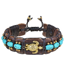 Vintage Inspired Turquoise and Brass on Leather Sea Turtle Charm Bracelet - £9.39 GBP