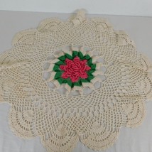 Large Vintage Hand Crochet Doily Round Table Cloth Topper 24” Rose Cente... - £7.63 GBP