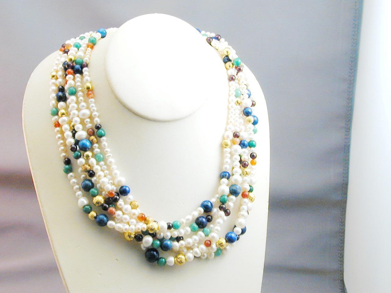 Primary image for 6 Strand Freshwater Pearl Multi Gemstone & Fancy 14k Bead Necklace