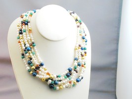 6 Strand Freshwater Pearl Multi Gemstone &amp; Fancy 14k Bead Necklace - £118.25 GBP