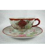 Antique Floral Red Pink Green &amp; Gold Accent Tea Cup &amp; Saucer Set Hand Pa... - £31.31 GBP