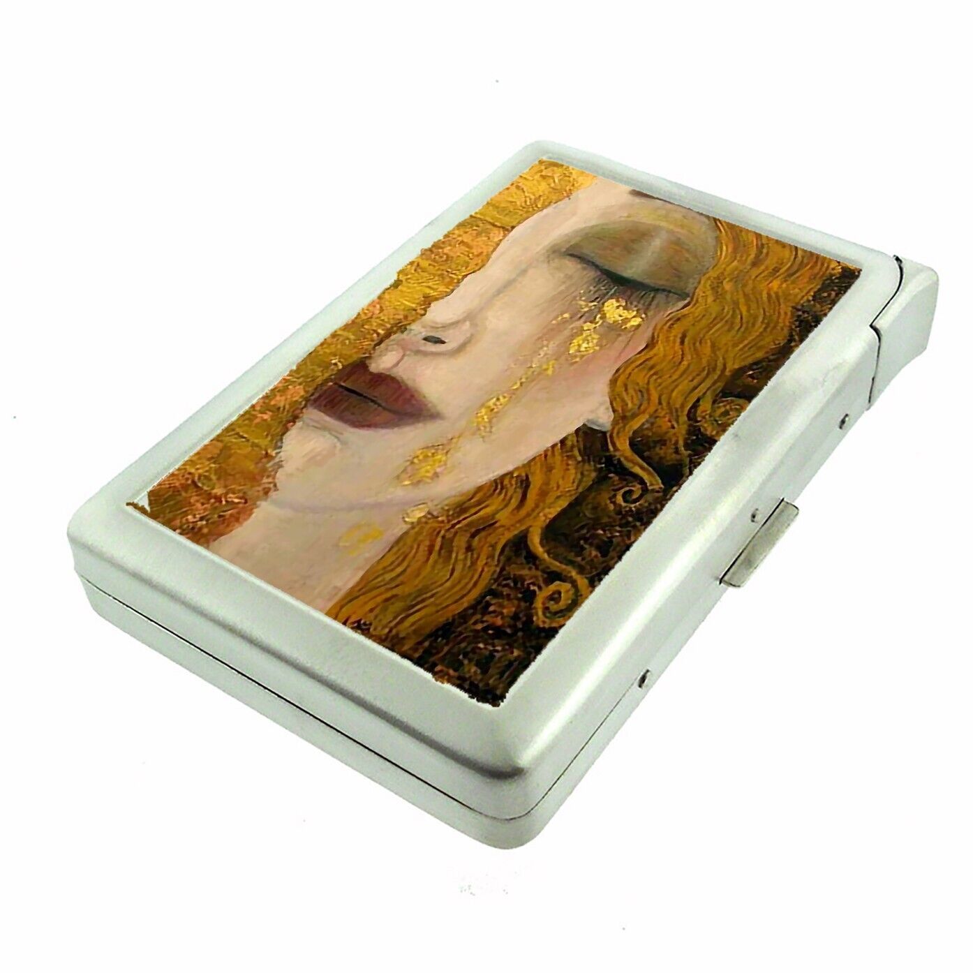 Golden Woman Art Illustration Cigarette Case w/Built in Lighter Metal Wallet