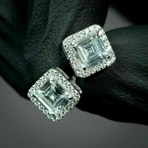 3Ct Asscher Simulated Diamond Halo Stud Earring&#39;s 14K White Gold Plated ... - $108.89