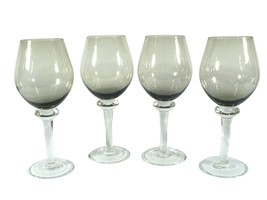 Wine Glass Goblet Smoked Gray Clear Stem Set of 4 Vintage Glassware 10&quot; - £58.25 GBP