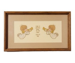 VTG Framed Cross Stitch Art &quot;Sing a Joyful Song to The Lord Psalm 100&quot; Angels - £27.52 GBP