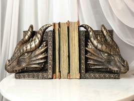 Guardians Of Bibliography Twin Dragon Heads On Pediment Bookends Statue Set - £54.51 GBP