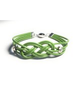 Green Leather Celtic Knot Bracelet with Silver Alloy Beads and Heart Magnet Clas - $14.24