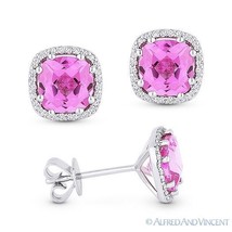 2.69ct Cushion Cut Pink Lab-Sapphire &amp; Diamond Halo 14k White Gold Stud Earrings - £288.55 GBP