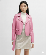 Chaqueta de cuero rosa hecha a mano para motocicleta casual de piel de c... - $136.73+