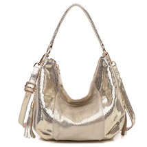 100% Real Leather Shoulder Bag Metallic Color Serpentine Embossed Handbag Female - £56.59 GBP