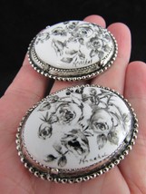 vintage &quot;KNOCHEL&quot; brooch HAND PAINTED CERAMIC silver tone ROSES porcelain - $46.74