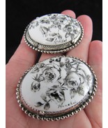 vintage &quot;KNOCHEL&quot; brooch HAND PAINTED CERAMIC silver tone ROSES porcelain - £36.75 GBP