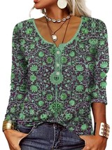 Plus Size Floral Print Button Front T-Shirt, Casual Long Sleeve Top - £11.27 GBP