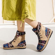 Veowalk Harajuku Embroidery Women Linen Cotton Short Ankle Boots Lace Up Comfort - £38.92 GBP