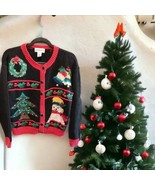 Baxter &amp; Wells Ugly  Christmas Cardigan Sweater Petite M Wreath Tree Bel... - $32.42 CAD