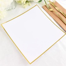 10 White 10&quot;&quot; Square Concave Plastic Salad Dinner Plates Gold Rim Party Events - £19.74 GBP