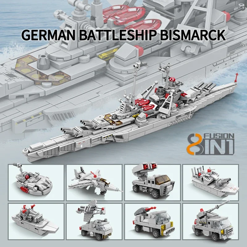 758PCS German Bismarck Battleship Building Blocks WW2 Military Aircraft Carrier - £57.81 GBP+
