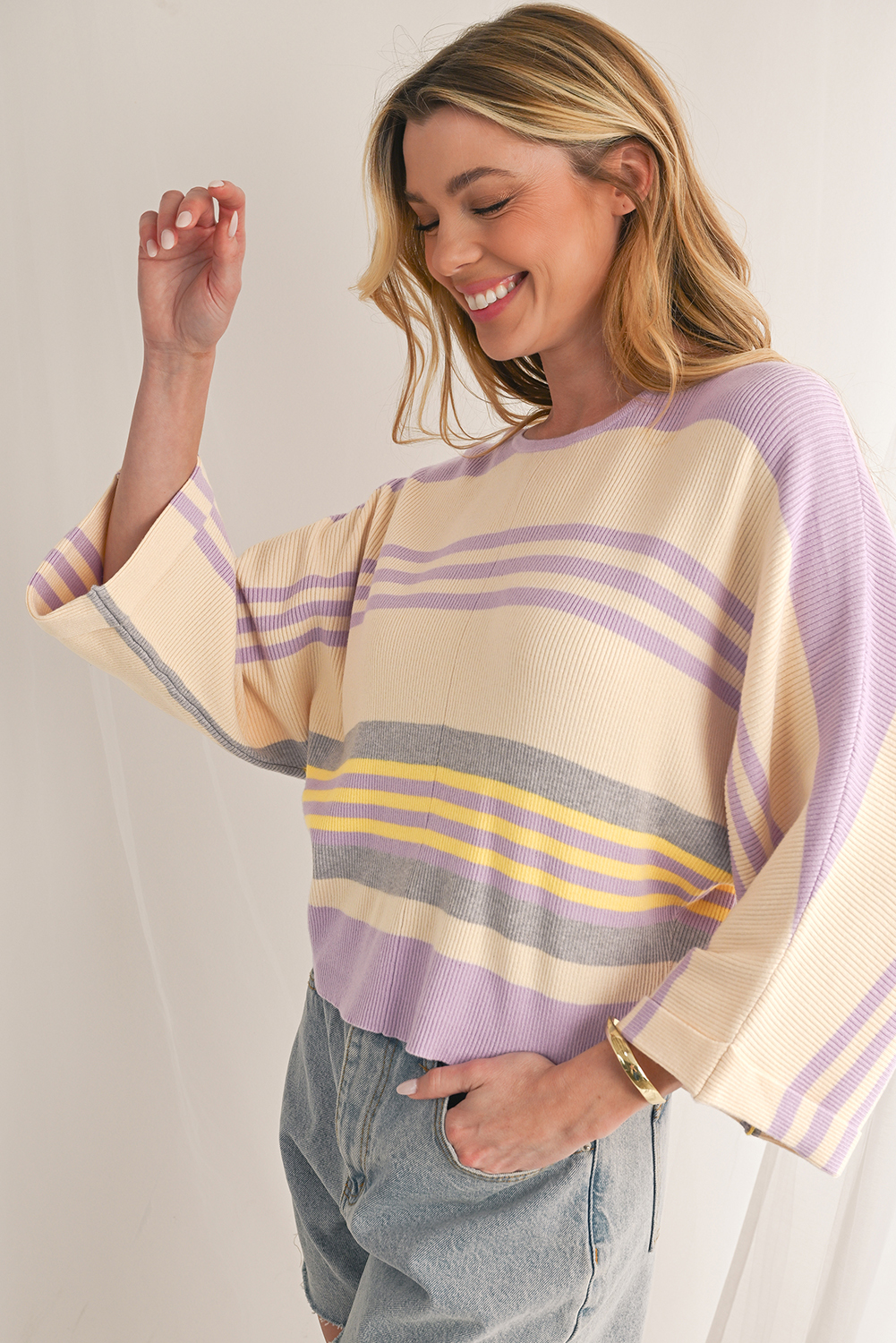 Purple Striped Rib-Knit Cropped Top - $27.22