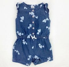 Carters Baby Girl Romper Sz 9m Blue Hearts Cotton Chambray Snap Bottom One Piece - £7.82 GBP