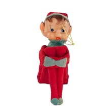 Vintage Knee Hugger Elf Pixie Red Felt Christmas Ornament Decor Rubber Face - £19.66 GBP