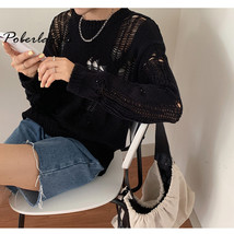 Autumn New Korean Style Long-sleeved  Hole Sweater Asymmetric Hem Loose Pullover - £66.42 GBP