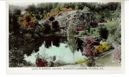 Lake in Butchart Gardens Victoria BC Canada RPPC hand painted postcard - £7.72 GBP