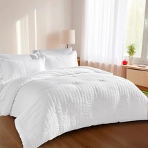 White Seersucker King Comforter Set By Jollyvogue, 7-Piece Bed In A Bag, Soft, - £37.54 GBP