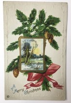 A Merry Christmas 1921 PC Posted Stecher Lithograph Co Embossed Pinecones &amp; Bow - £3.91 GBP