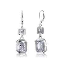 4Carat Emerald Cut Sterling Silver Sparkly CZ Crystal, Leverback Earrings, Creat - £40.56 GBP