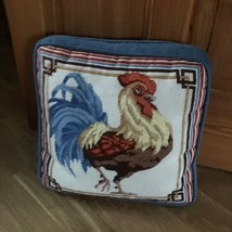 Handmade Needlepoint Rooster Chicken Square Blue &amp; Cream Throw Pillow for Couch  - £22.63 GBP